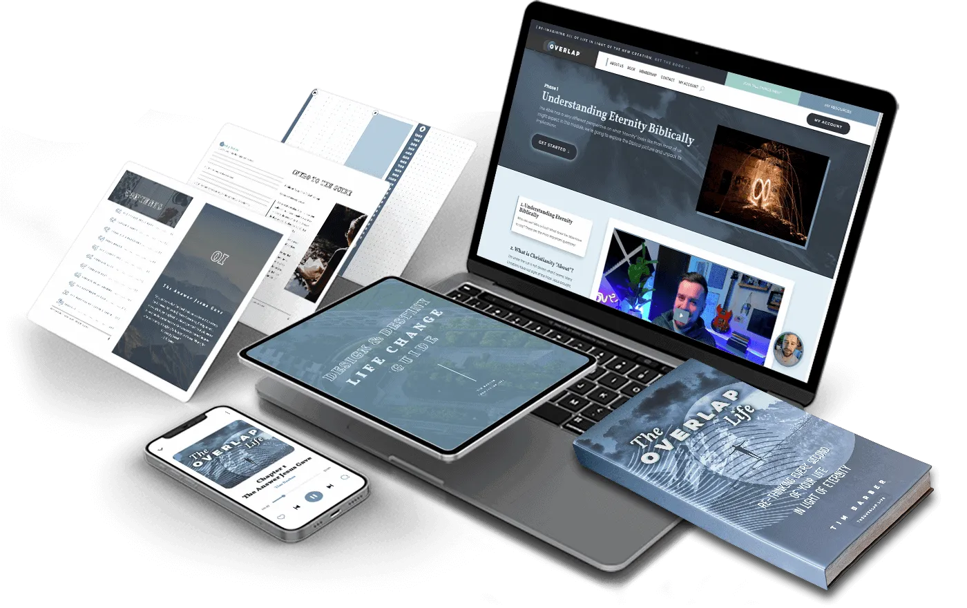 The Overlap Life: the book, audiobook, prayer journal, and videos across a laptop, tablet, and phone