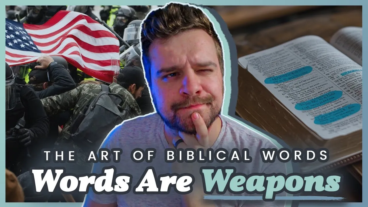 Tim Barber looking skeptical between a crowd waving an American flag and an open Bible with highlighted verses, under the words The Art of Biblical Words, Words Are Weapons